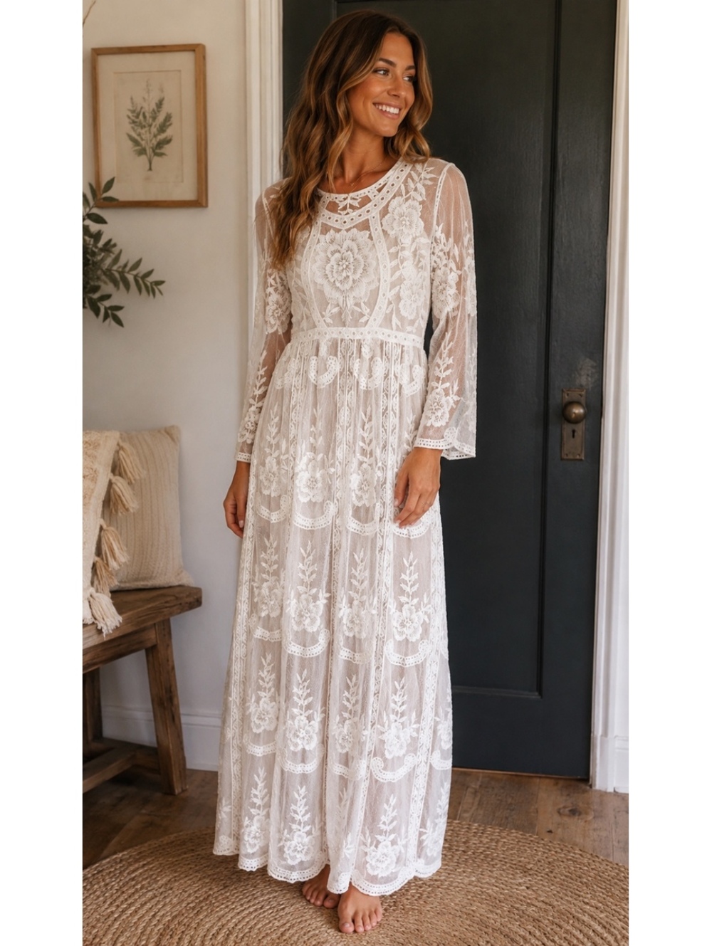 White Floral Lace Maxi Dress | Boho Romantic Embroidered Dress Sheer Long Sleeve